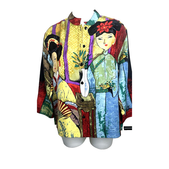 Chico's Silk Blouse Button Up Art To Wear Geisha Whimsical sz 0‎ XS/S - Picture 2 of 7